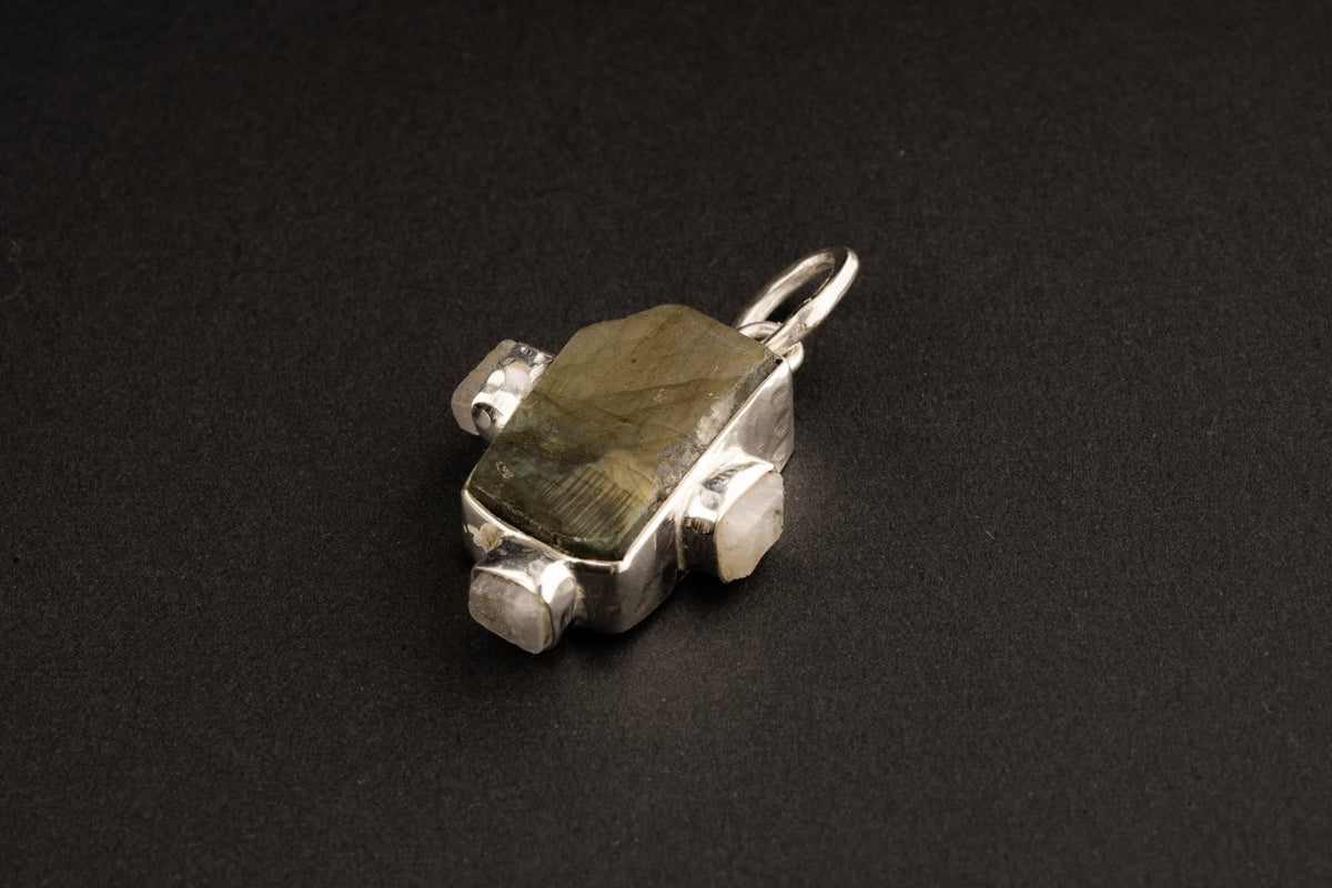 Raw Labradorite Moonstone Pendant: Hammered Sterling Silver Healing Necklace