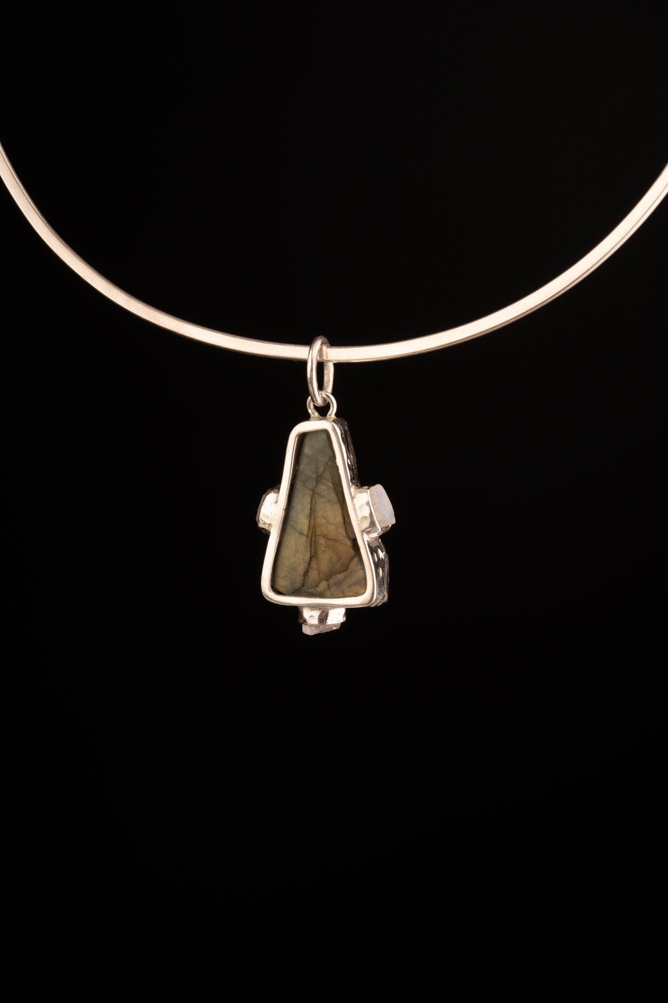 Raw Rainbow Labradorite & Raw Blue Moonstone Multistone Pendant, Hammer Textured Sterling Silver, Third Eye Chakra, Emotional Healing ,Gift