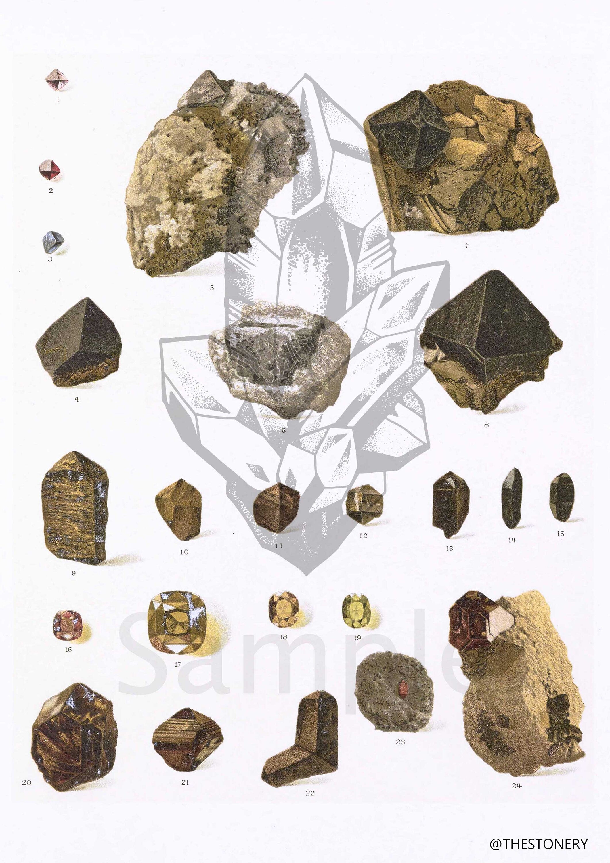 Spinal Zircon Crystal & Mineral High Resolution Digital Image 300 DPI Vintage Antique watercolour Illustration Print Poster, Wall Art
