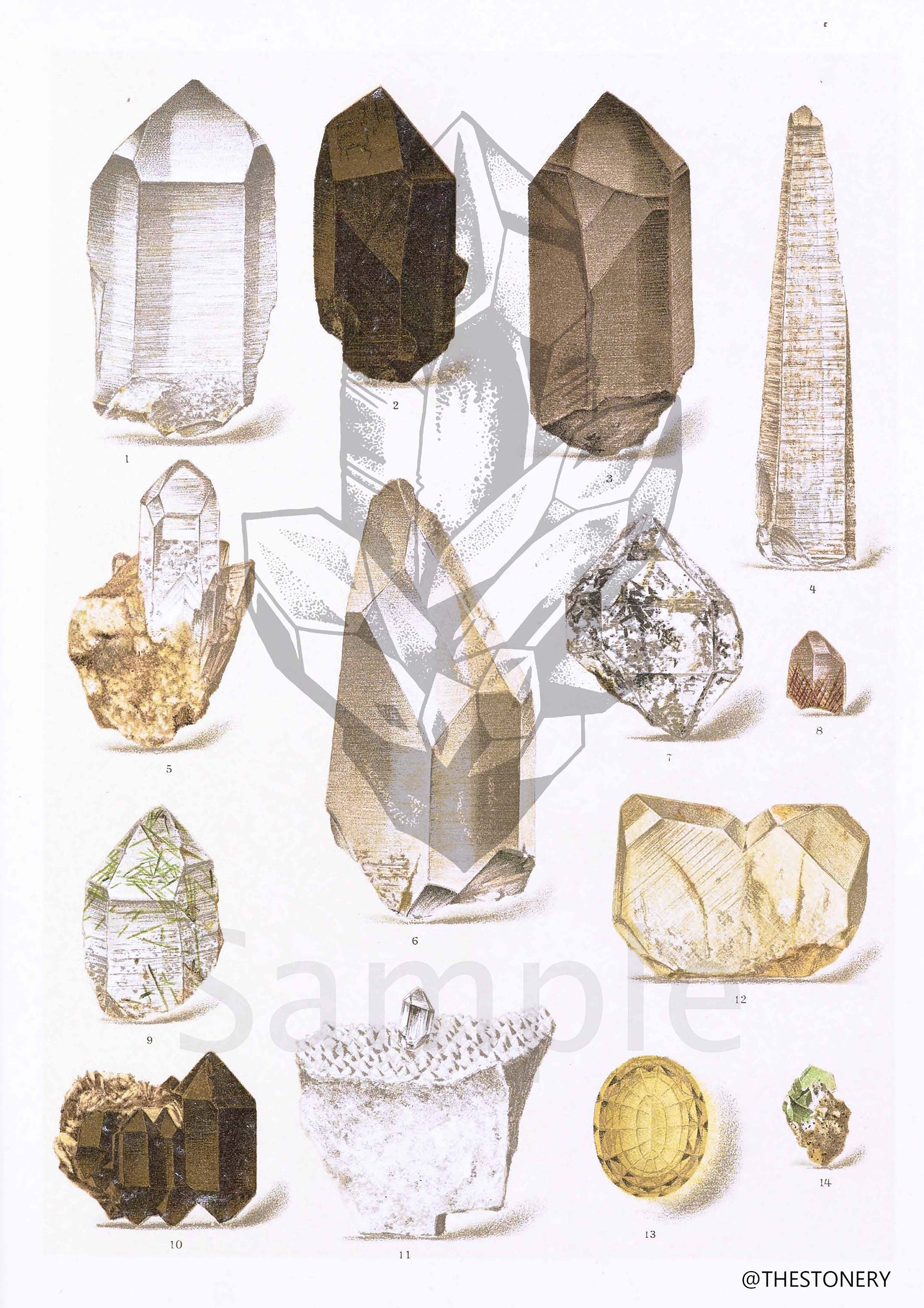 Print Pack - Quartz Crystal High Resolution Digital 300 DPI Image, Poster, Art Antique Mineral watercolour Illustration & Post Card Format