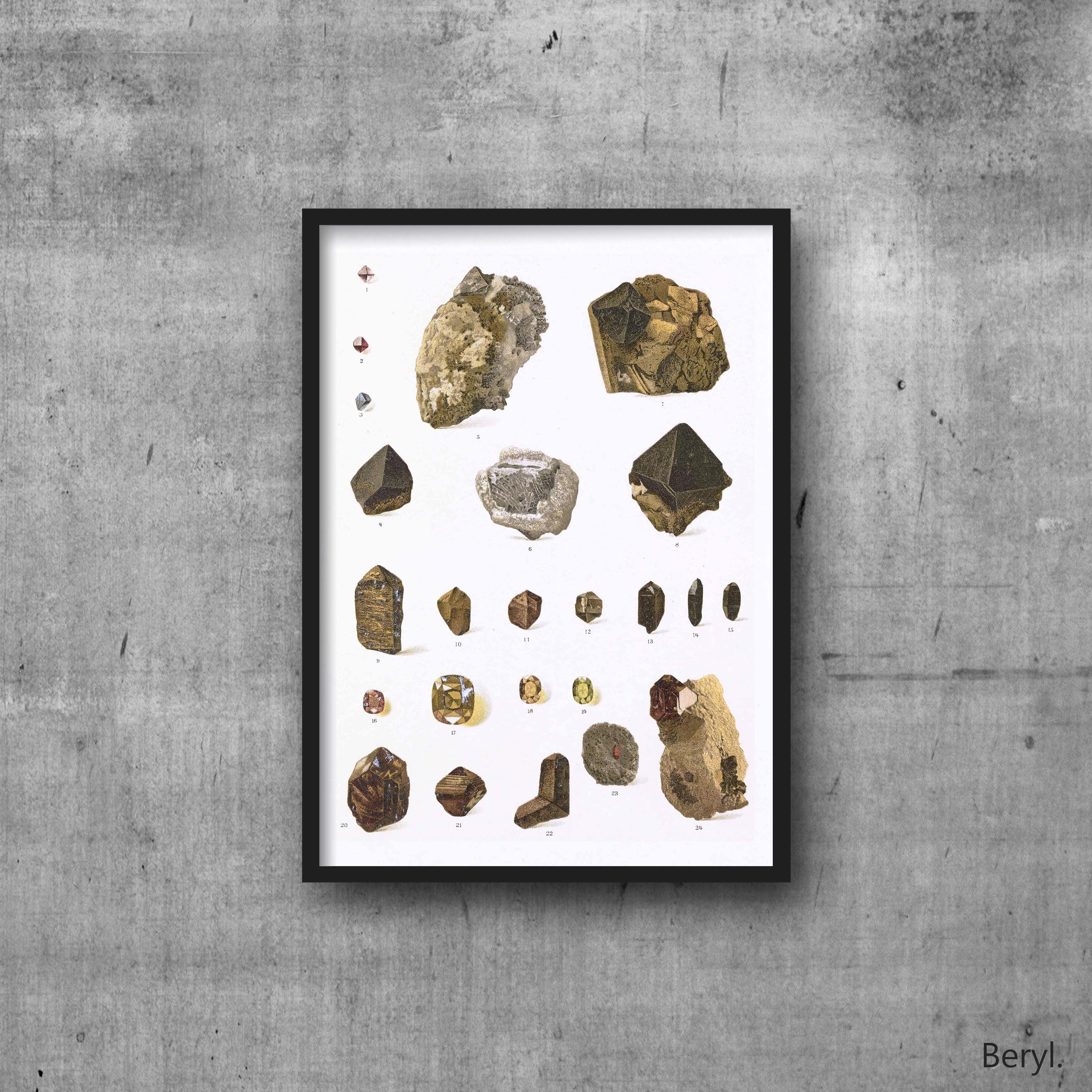Spinal Zircon Crystal & Mineral High Resolution Digital Image 300 DPI Vintage Antique watercolour Illustration Print Poster, Wall Art