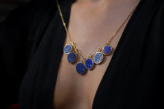 One Round Cut Lapis Lazuli Necklace - Gold Plated Textured Sterling Silver - Crystal Charm Pendant