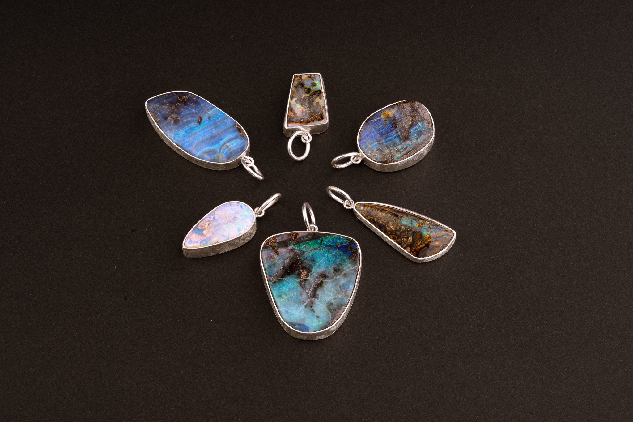 Australian Free Form Cabochon Fiery Matrix Boulder Opal Pendant - Natural Opal - Textured 925 Silver Setting - Crystal Pendant Neckpiece