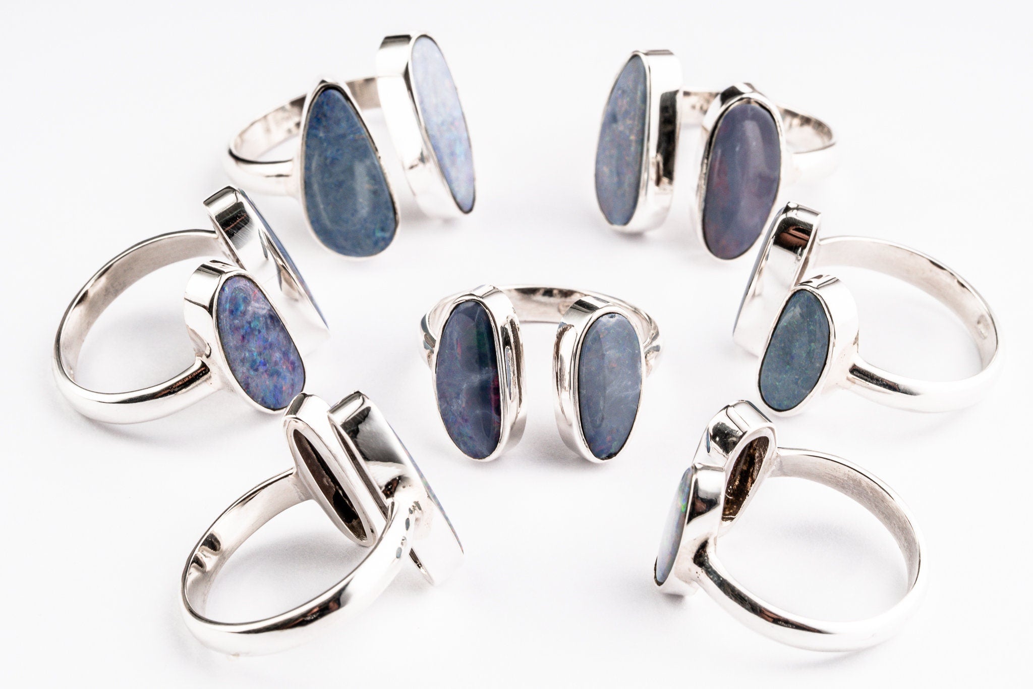 Australian Opal Doublet Ring, Adjustable Double, Open Band 5-9 US, 925 Sterling Silver Shiny Hammer Texture, Bohemian Jewelry, Made to Order