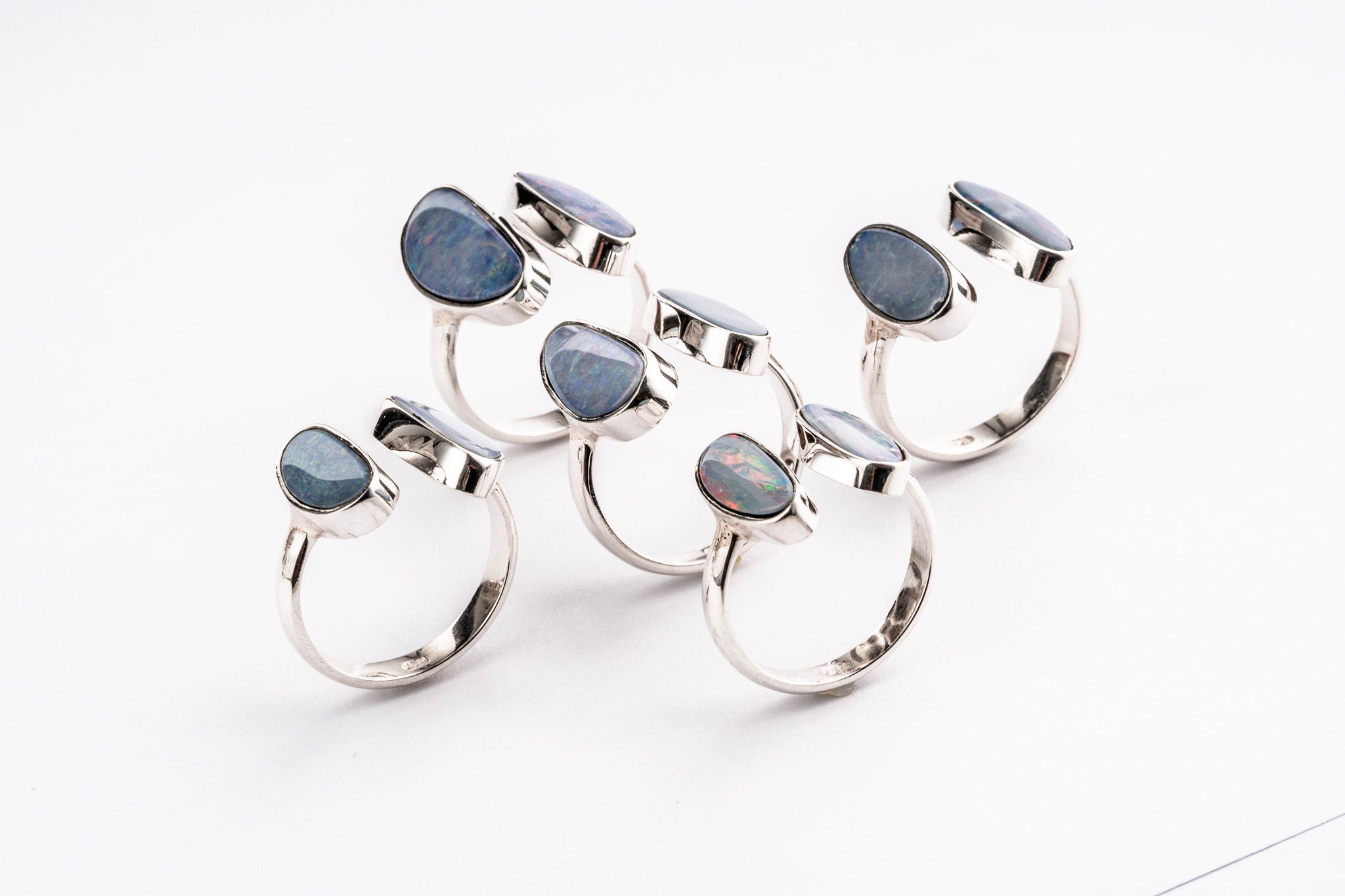 Australian Opal Doublet Ring, Adjustable Double, Open Band 5-9 US, 925 Sterling Silver Shiny Hammer Texture, Bohemian Jewelry, Made to Order