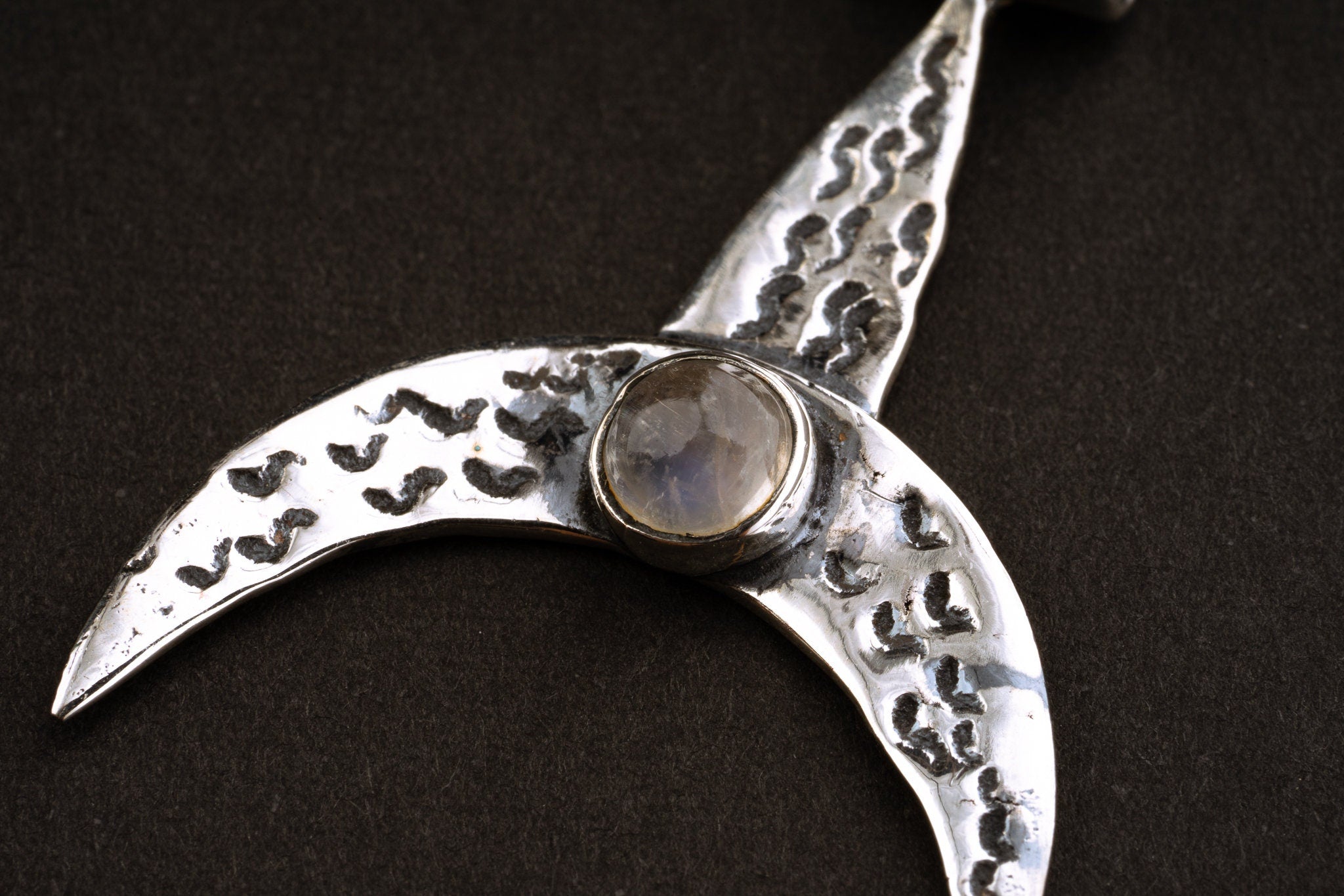 Oxidized Sterling Silver Crescent Moon Pendant: Blue Moonstone, Hemp Cord