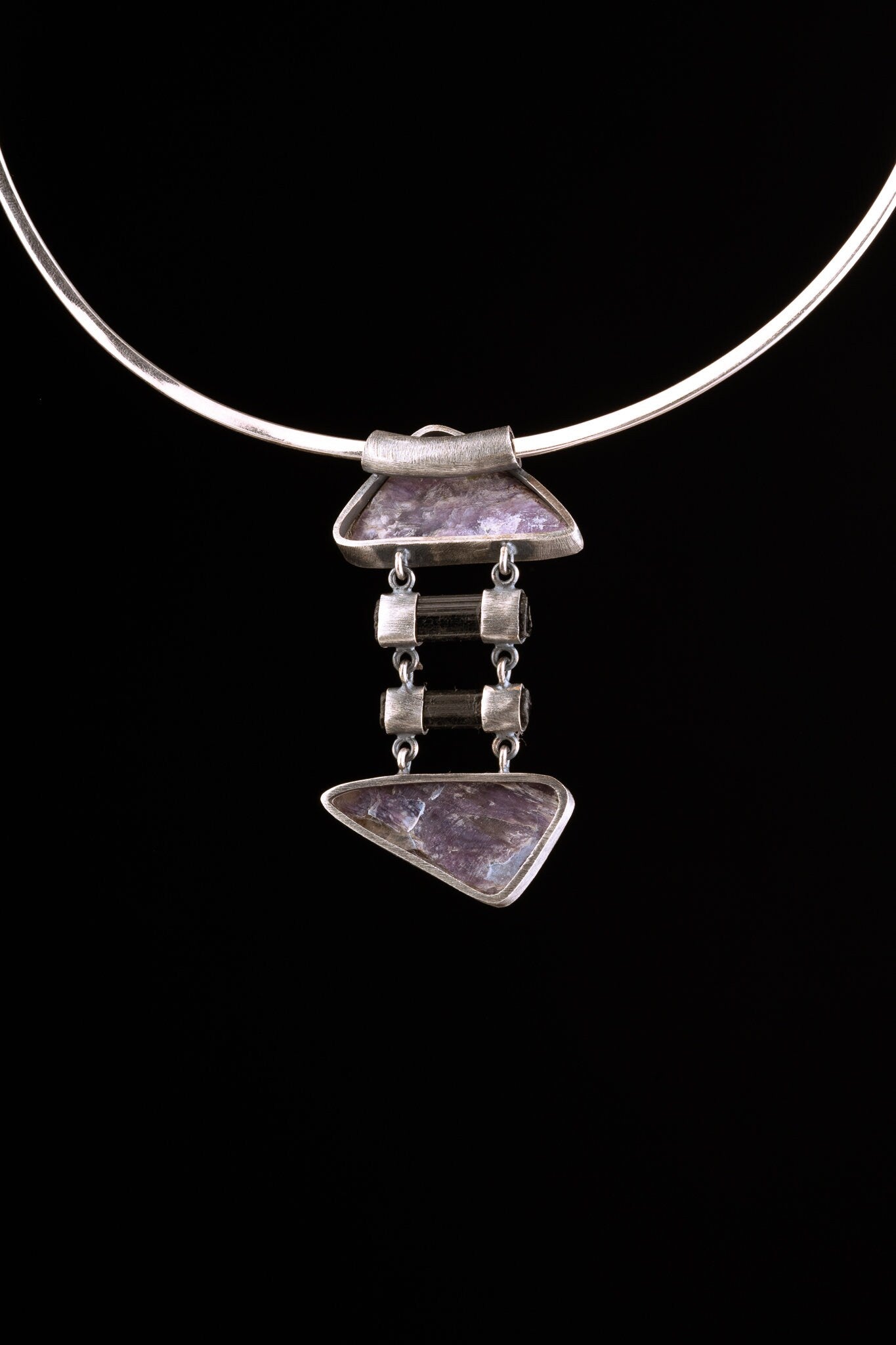Double AAA Charoite & double natural black Tourmaline sticks - Sterling Silver - Rustic Finish - Pendant
