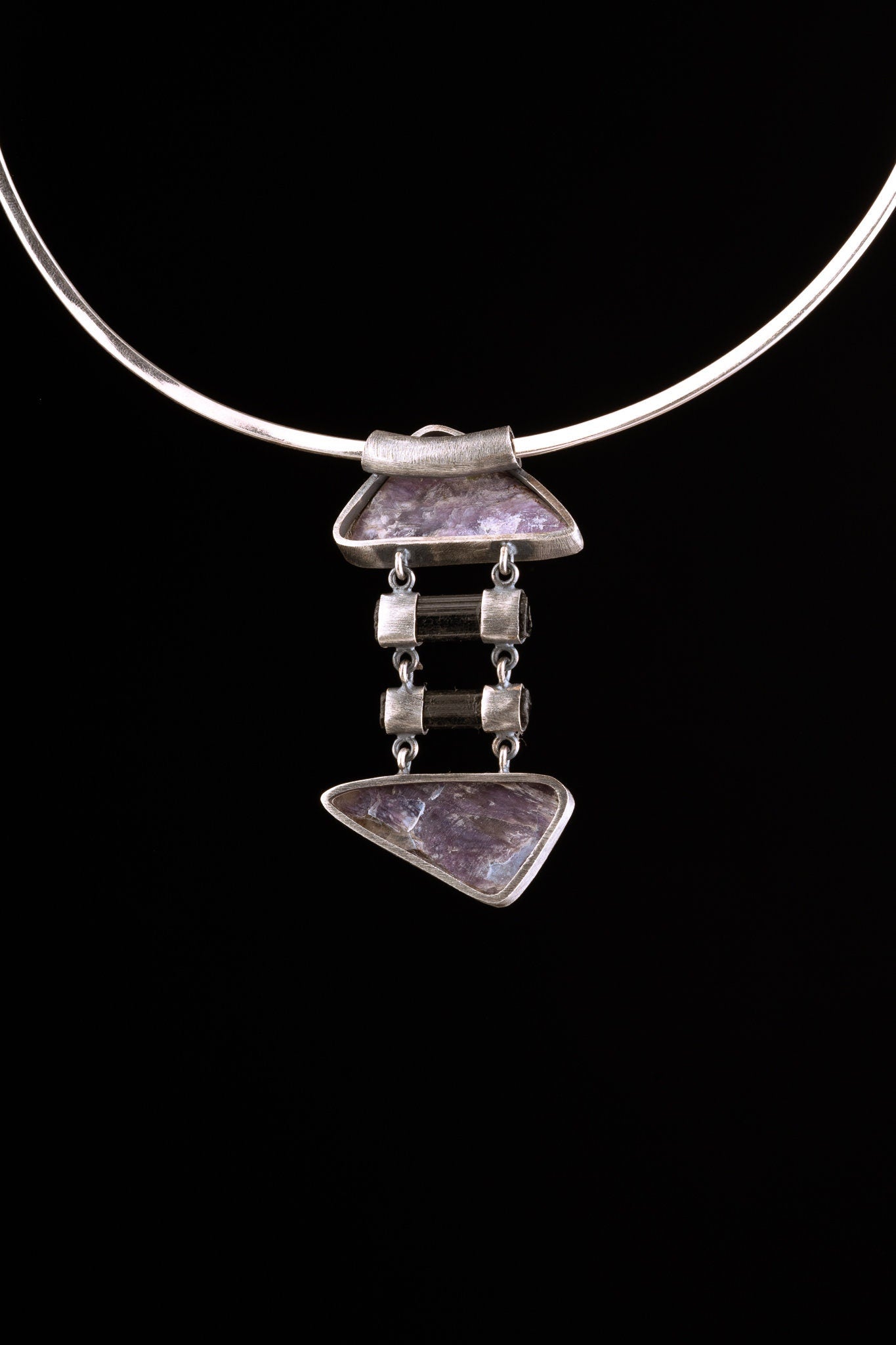 Double AAA Charoite & double natural black Tourmaline sticks - Sterling Silver - Rustic Finish - Pendant