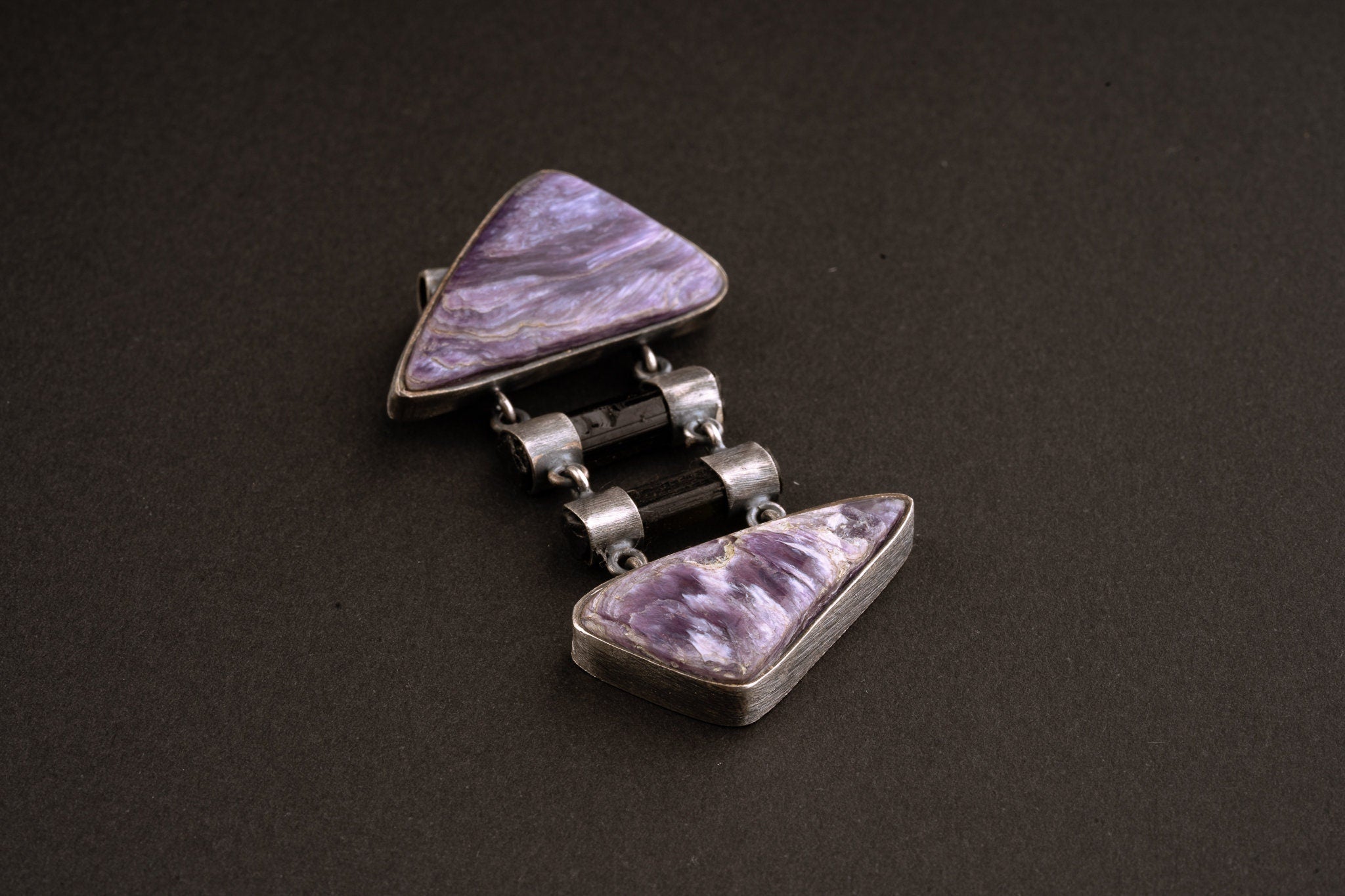 Double AAA Charoite & double natural black Tourmaline sticks - Sterling Silver - Rustic Finish - Pendant