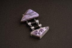 Double AAA Charoite & double natural black Tourmaline sticks - Sterling Silver - Rustic Finish - Pendant