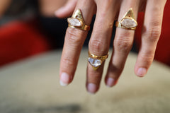 Herkimer Diamond Quartz Ring, Triangular Pyramid, Hammered Gold Plated, 925 Sterling Silver, Adjustable Size 5-11 US, Made to Order