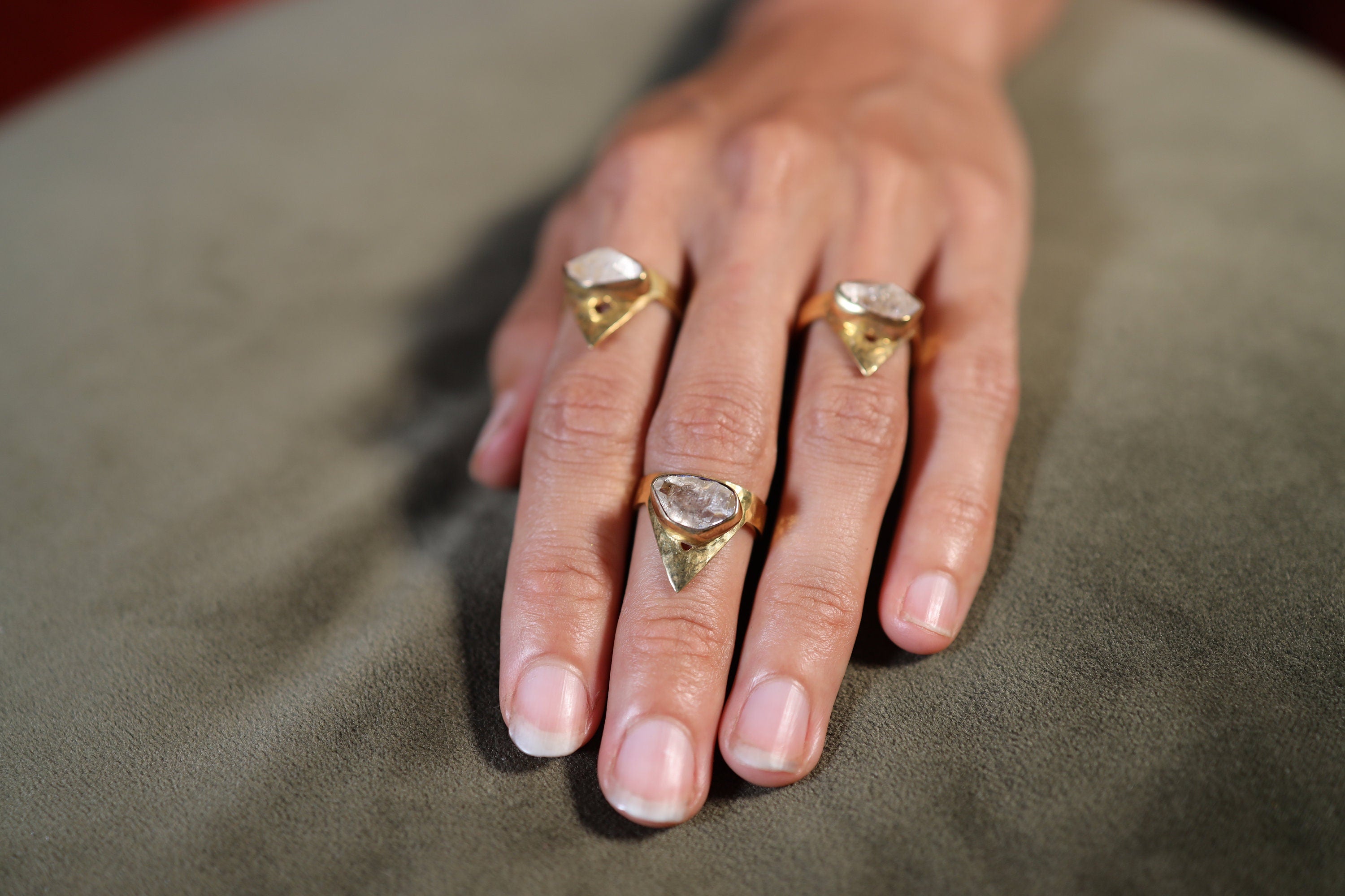 Herkimer Diamond Ring: Gold Plated Sterling Silver Adjustable Band