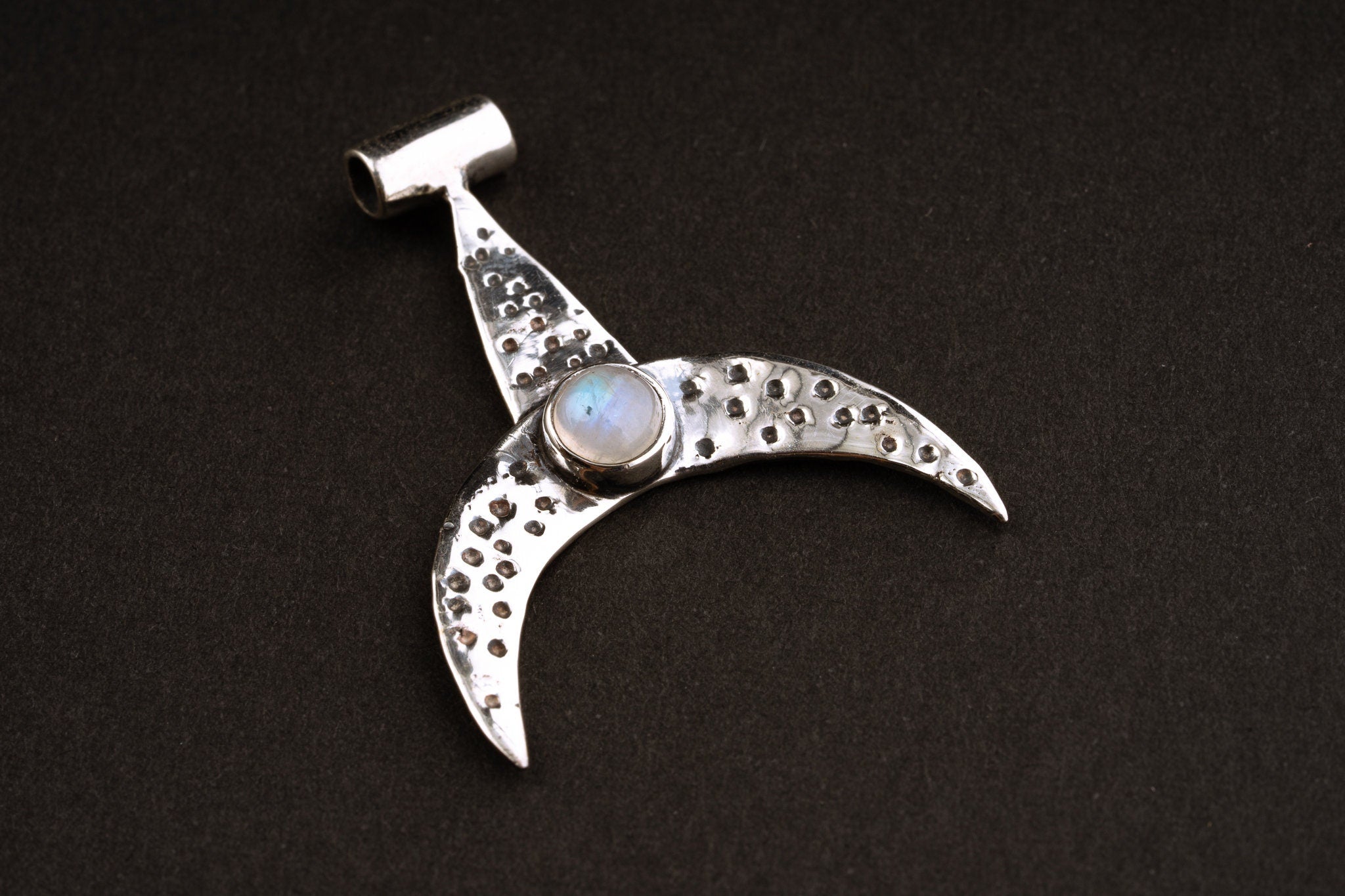Crescent Moon/Whale Fin Pendant, Uniquely Textured & Oxidized Sterling Silver, Adorned with Blue Moonstone, Cancer Zodiac, Emotional Healing