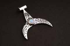 Crescent Moon/Whale Fin Pendant, Uniquely Textured & Oxidized Sterling Silver, Adorned with Blue Moonstone, Cancer Zodiac, Emotional Healing