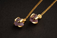 Raw deep purple Amethyst gem - Gold plated - Sterling Silver - Claw / Prong dangle hook crystal Earring