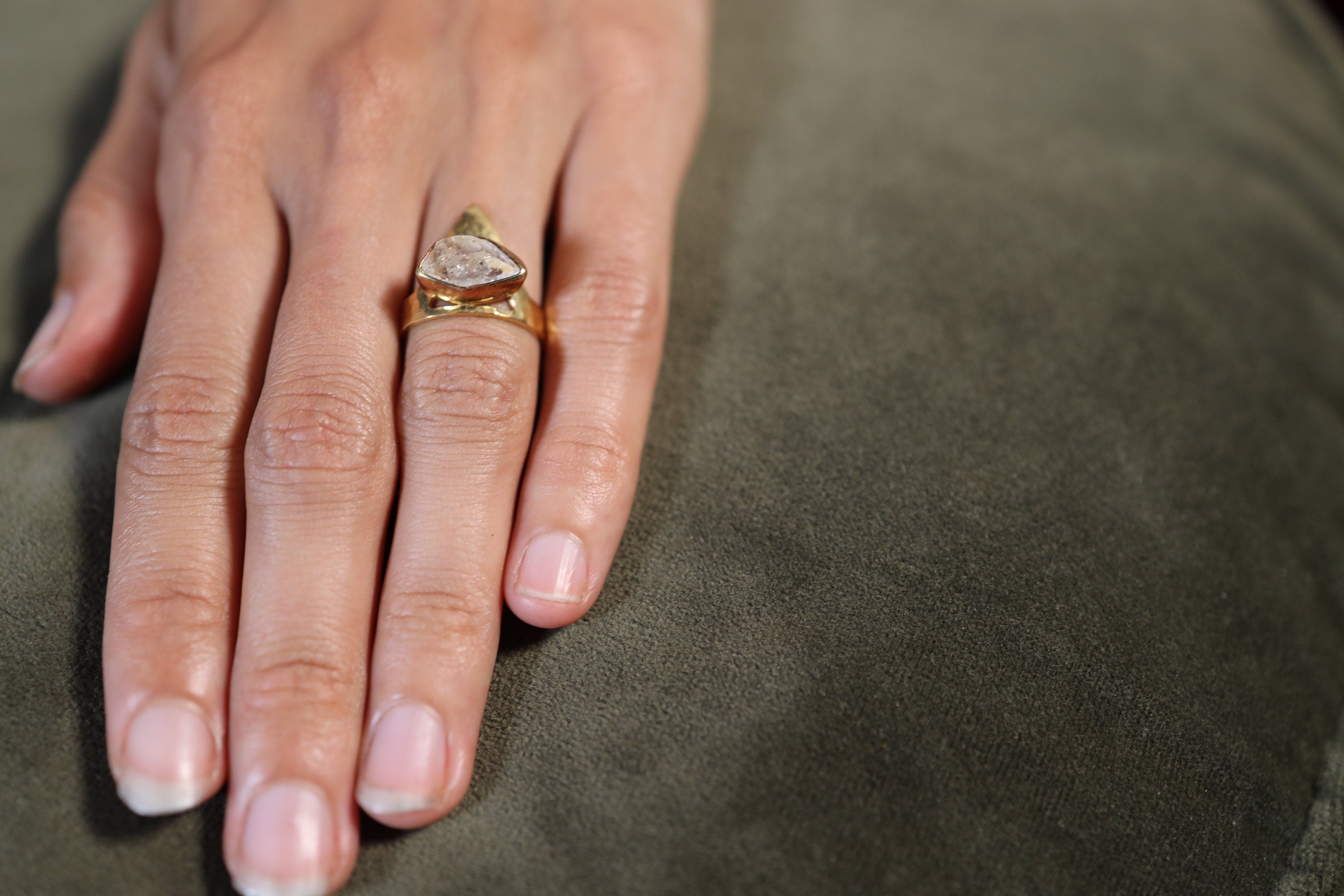 Herkimer Diamond Quartz Ring, Triangular Pyramid, Hammered Gold Plated, 925 Sterling Silver, Adjustable Size 5-11 US, Made to Order