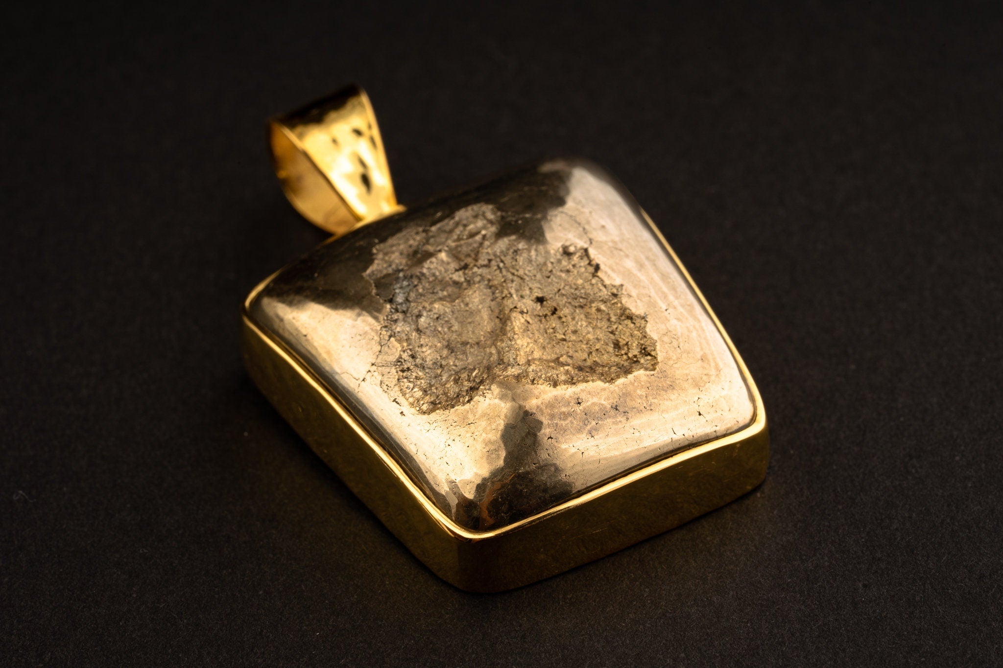 Gold Plated Textured Sterling Silver Setting With Unique Square Pyrite Raw Cabochon Crystal Pendant Boho Necklace