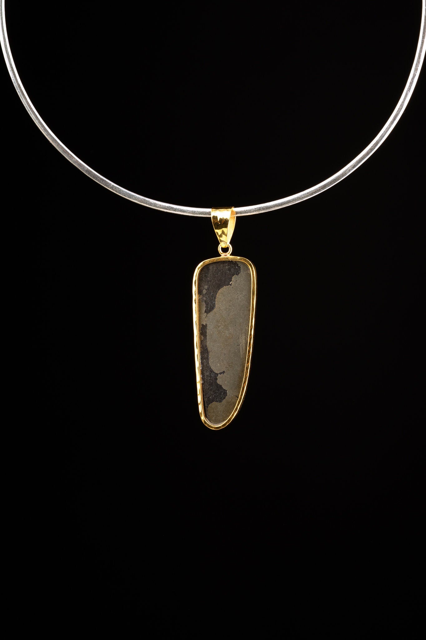 Raw Pyrite Tooth Cabochon Crystal Pendant Gold Plated Textured Sterling Silver Necklace, Unique Handcrafted Artisan Jewelry, Elegant Design