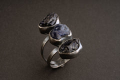 Raw River Tumbled Sapphire - Three Stone Ring - Size 11 3/4 US - 925 Sterling Silver - Hammer Textured Oxidised