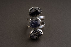 Raw River Tumbled Sapphire - Three Stone Ring - Size 11 3/4 US - 925 Sterling Silver - Hammer Textured Oxidised