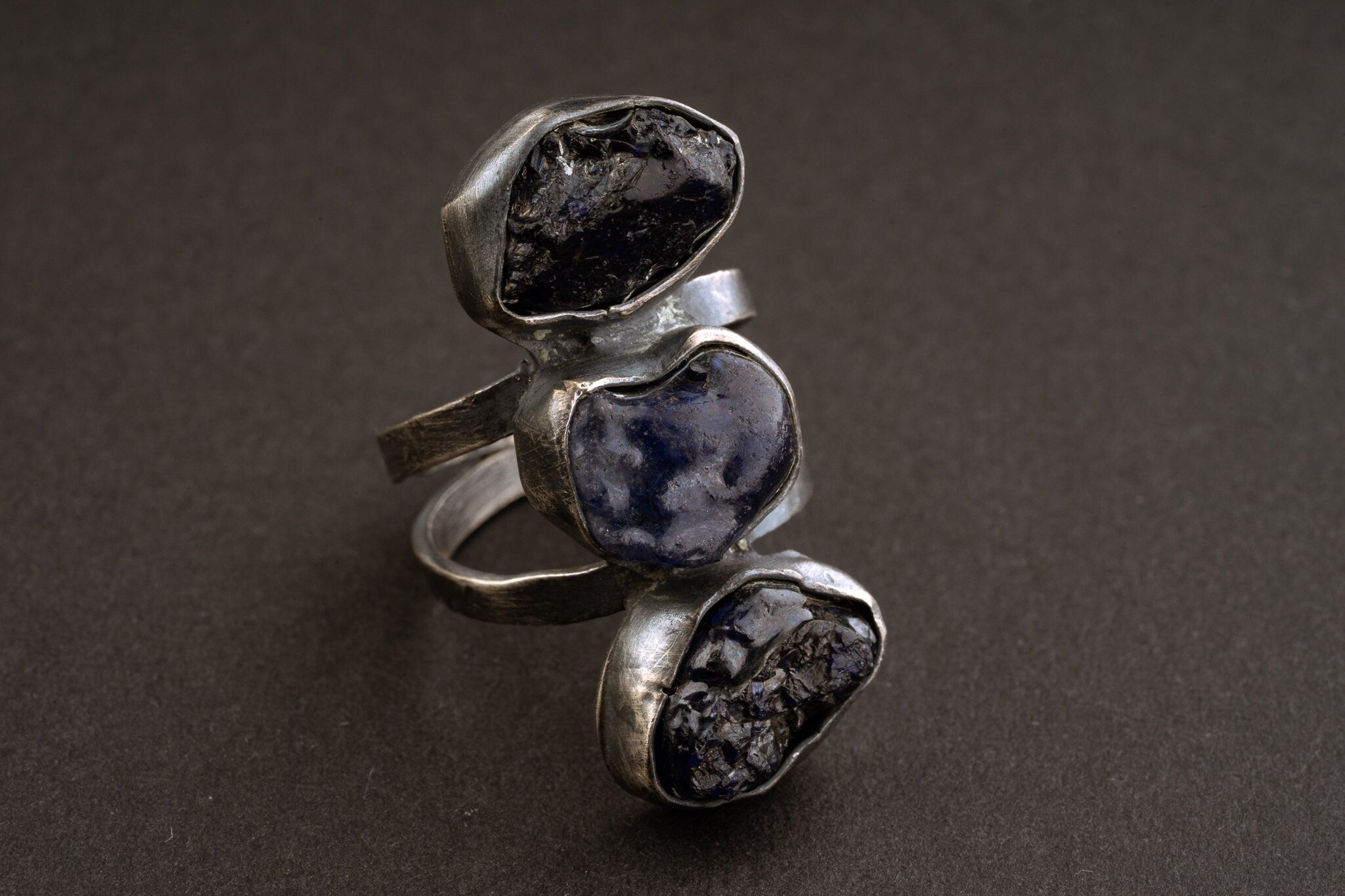 Raw River Tumbled Sapphire - Three Stone Ring - Size 11 3/4 US - 925 Sterling Silver - Hammer Textured Oxidised