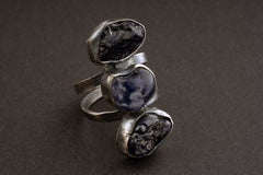 Raw River Tumbled Sapphire - Three Stone Ring - Size 11 3/4 US - 925 Sterling Silver - Hammer Textured Oxidised