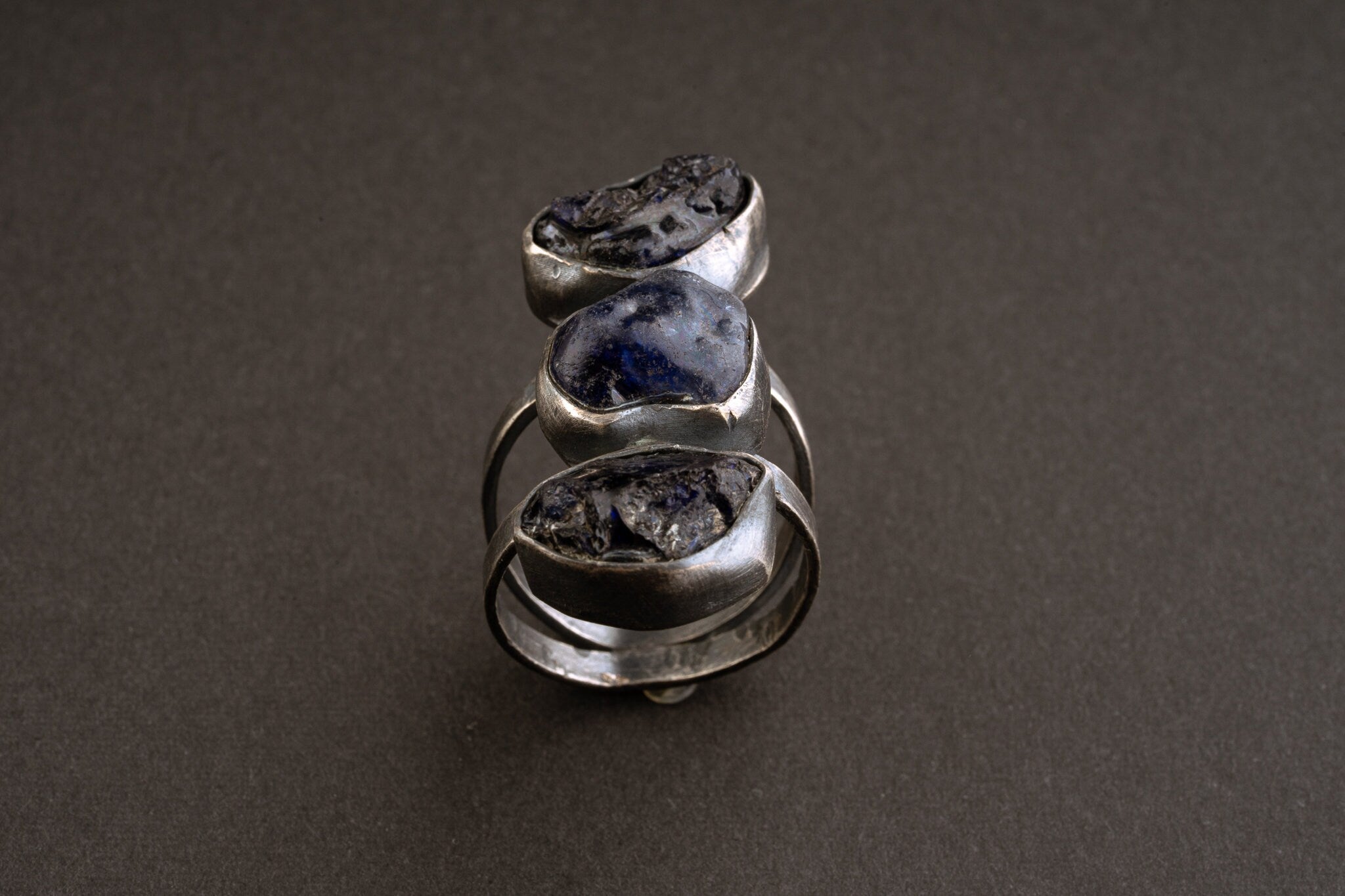 Raw River Tumbled Sapphire - Three Stone Ring - Size 11 3/4 US - 925 Sterling Silver - Hammer Textured Oxidised