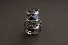 Raw River Tumbled Sapphire - Three Stone Ring - Size 11 3/4 US - 925 Sterling Silver - Hammer Textured Oxidised