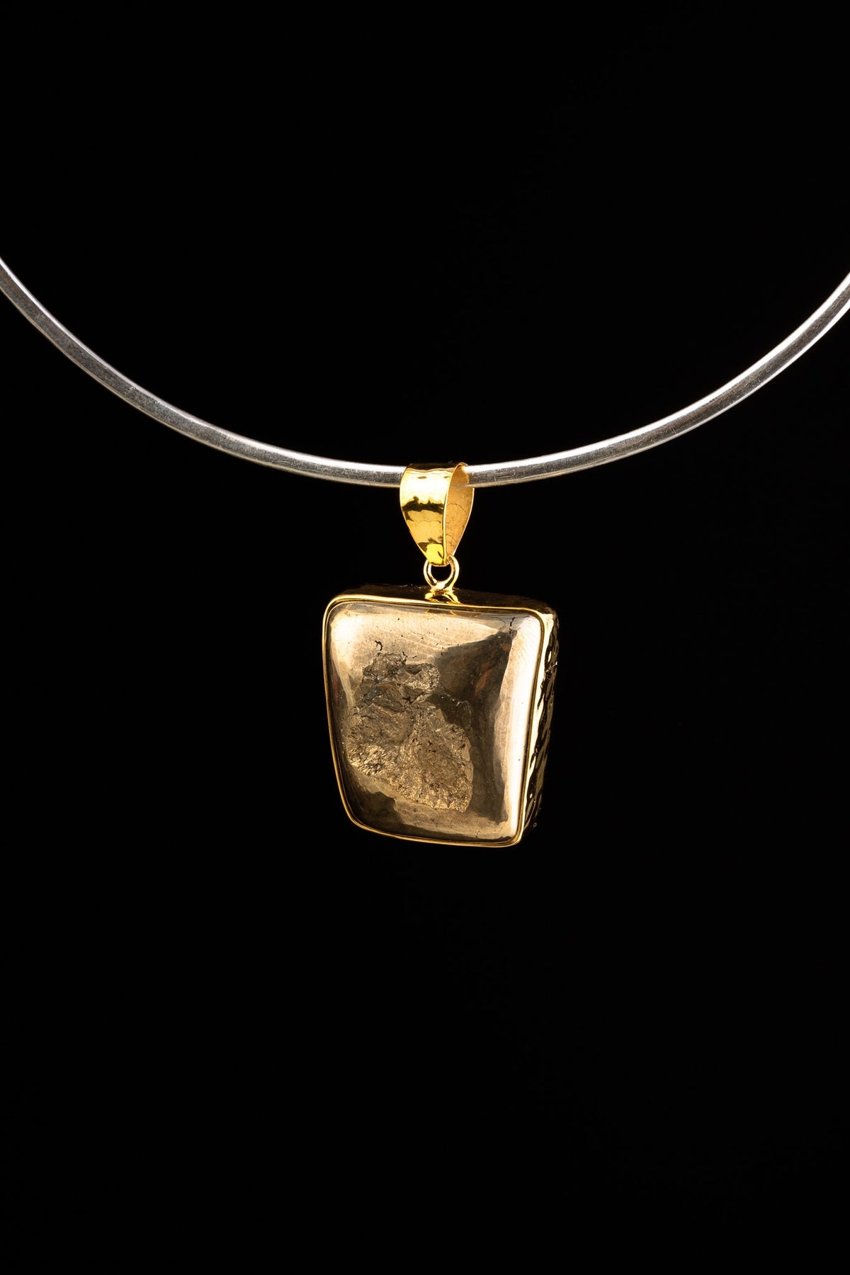 Gold Plated Textured Sterling Silver Setting With Unique Square Pyrite Raw Cabochon Crystal Pendant Boho Necklace