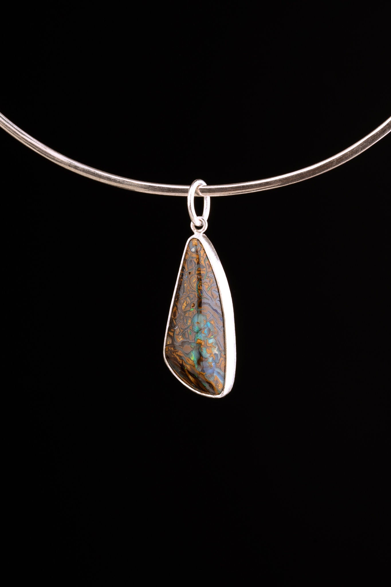 Australian Free Form Cabochon Fiery Matrix Boulder Opal Pendant - Natural Opal - Textured 925 Silver Setting - Crystal Pendant Neckpiece