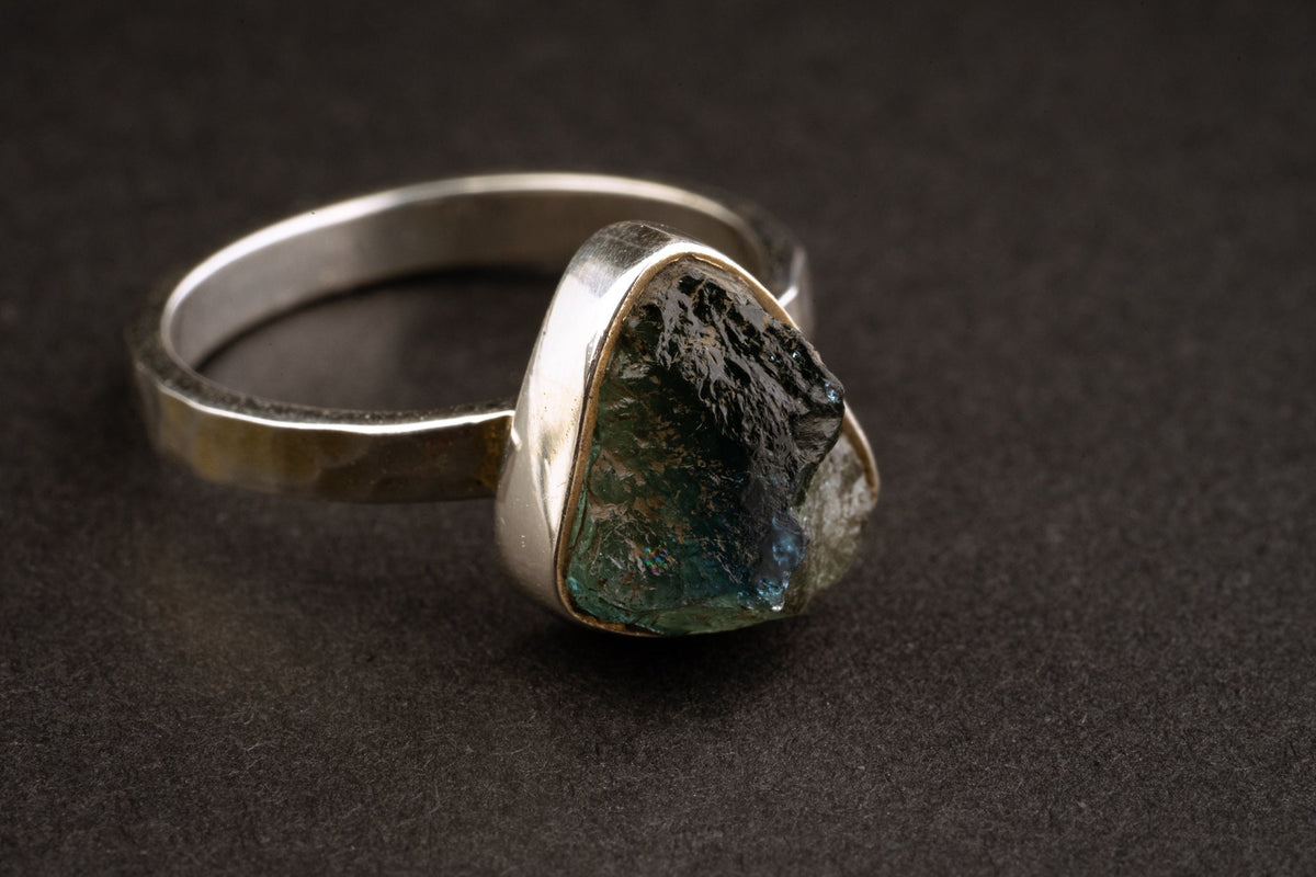 Raw Blue Tourmaline - 925 Sterling Silver WAS GOLD PLATED - Size 6