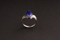 Faceted Lapis Lazuli Cabochon - Large ( Men's ) - Size 12 1/2 US - 925 Sterling Silver - Hammer Textured Oxidised