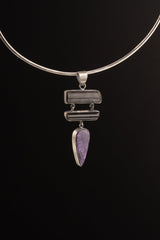 Rustic Finish Sterling Silver Pendant Featuring AAA Charoite Teardrop Cabochon & Double Bezeled Black Tourmaline Sticks, Dangle Necklace