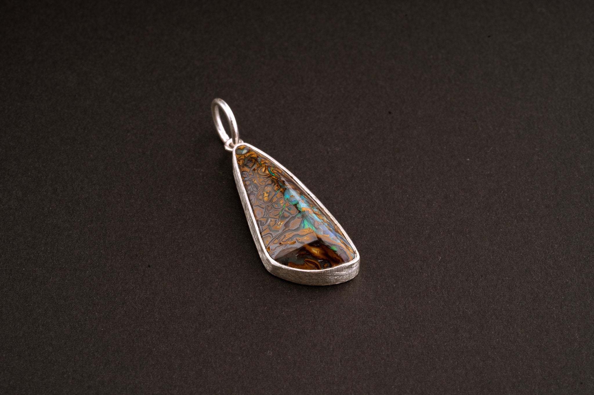 Australian Free Form Cabochon Fiery Matrix Boulder Opal Pendant - Natural Opal - Textured 925 Silver Setting - Crystal Pendant Neckpiece