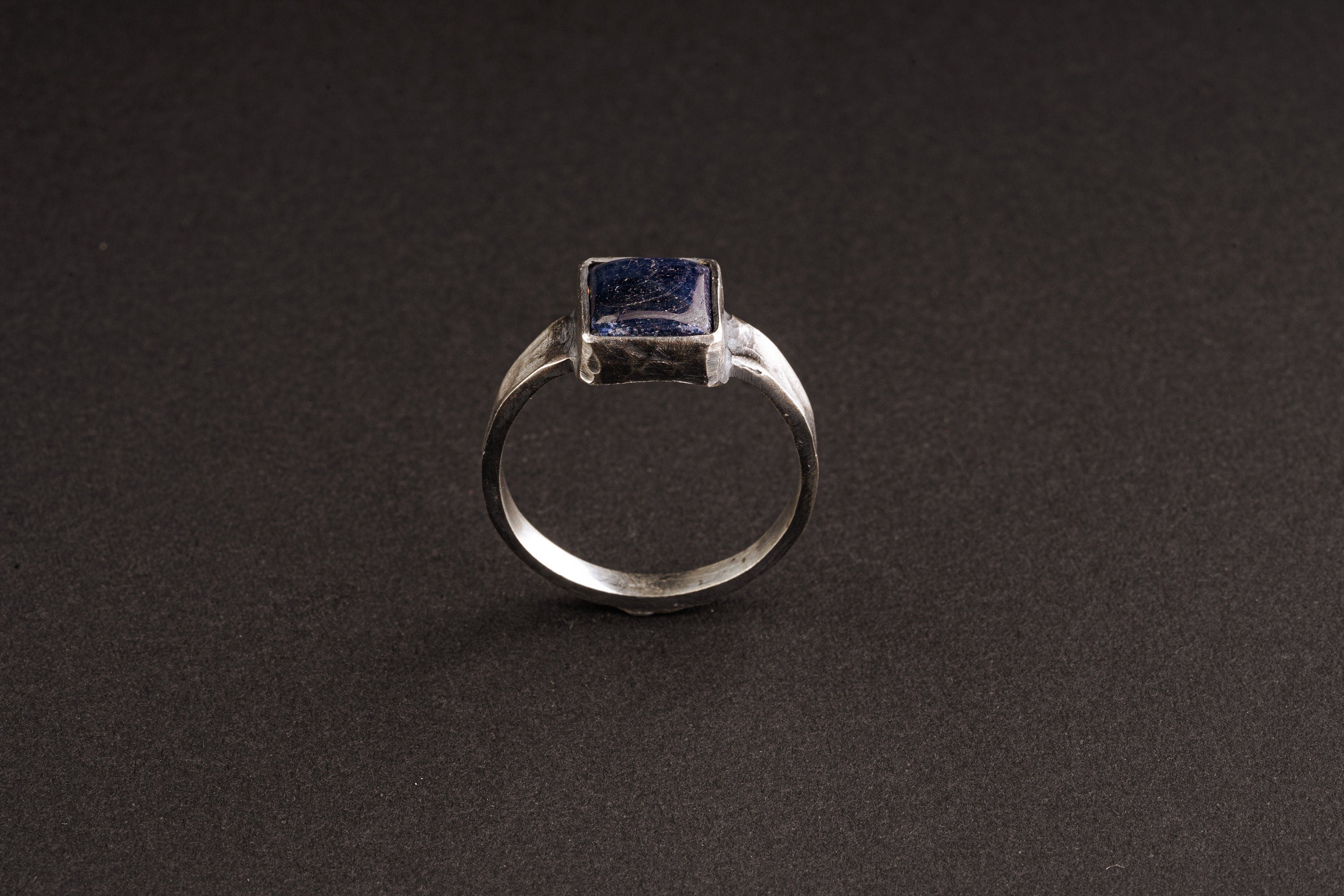 Tanzanite Cabochon Ring - Hammered Oxidized Sterling Silver, Size 12.5