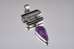 Rustic Finish Sterling Silver Pendant Featuring AAA Charoite Teardrop Cabochon & Double Bezeled Black Tourmaline Sticks, Dangle Necklace