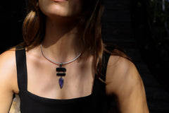 Rustic Finish Sterling Silver Pendant Featuring AAA Charoite Teardrop Cabochon & Double Bezeled Black Tourmaline Sticks, Dangle Necklace