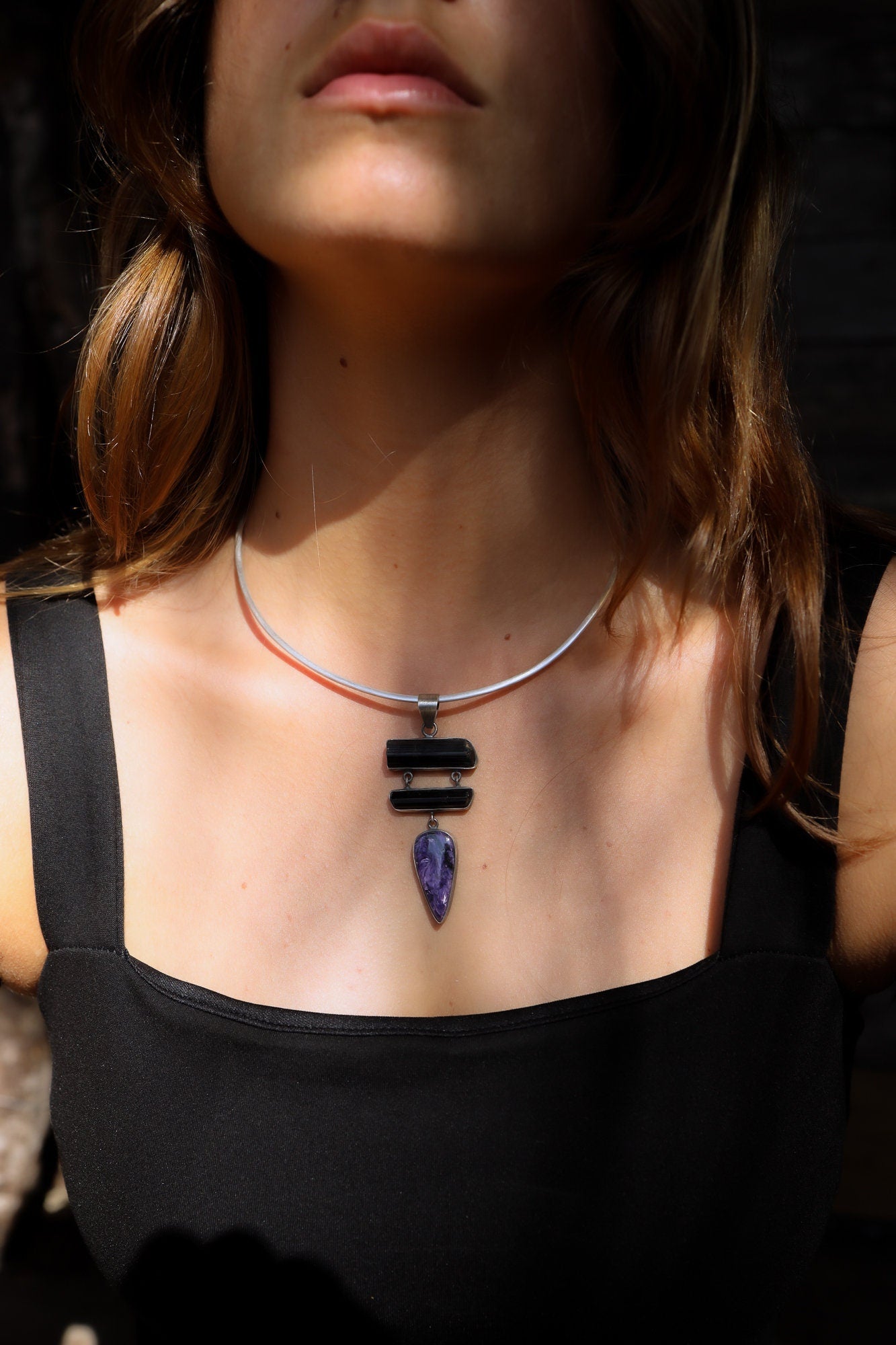 Rustic Finish Sterling Silver Pendant Featuring AAA Charoite Teardrop Cabochon & Double Bezeled Black Tourmaline Sticks, Dangle Necklace