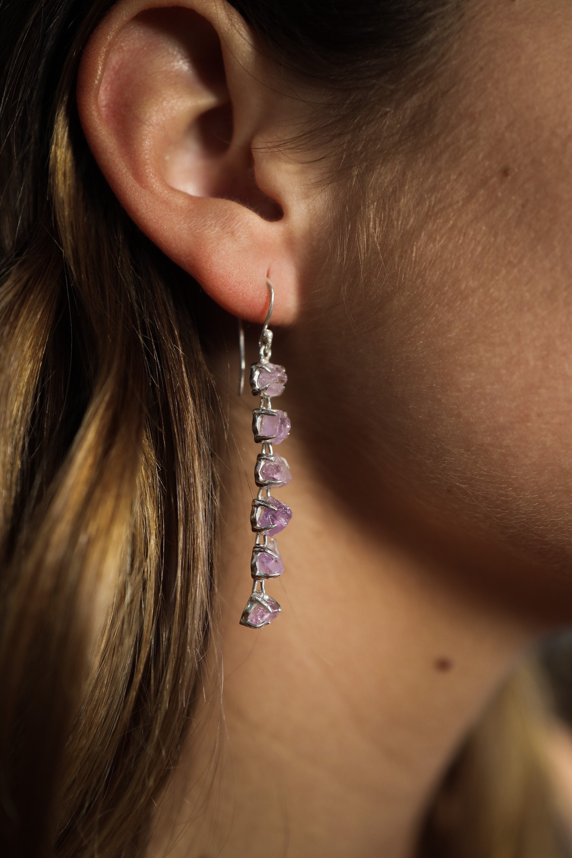 Raw Amethyst Dangle Earring 925 Sterling Silver Six Stone Claw Set February Birthstone Crown Chakra Gift