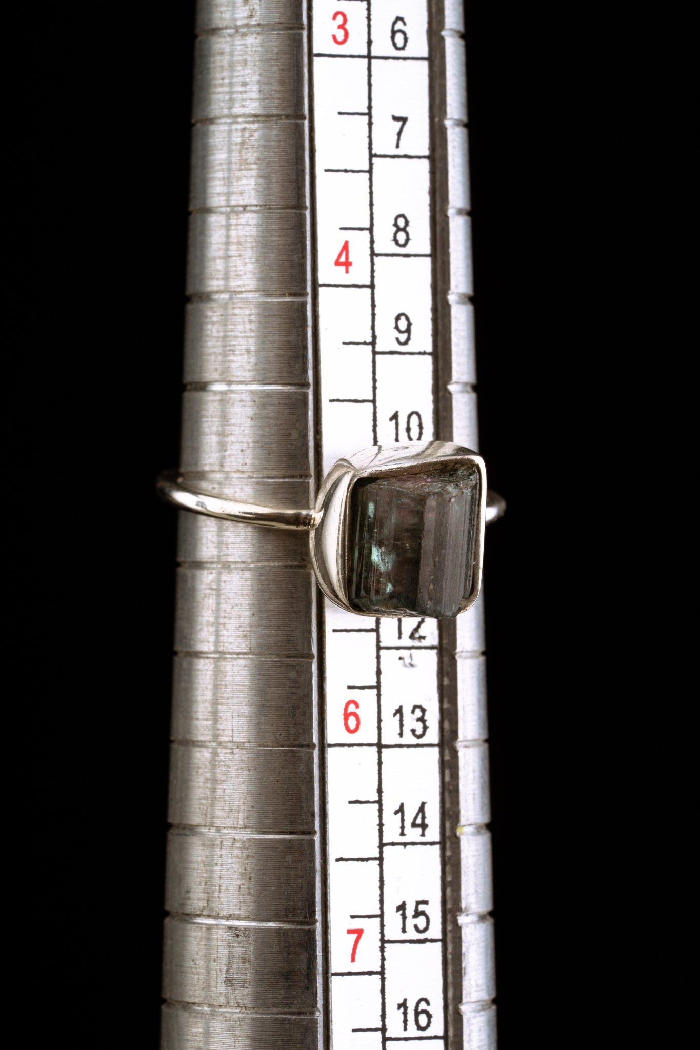 Watermelon Tourmaline stack ring shown on a mandrel for size reference, appearing around US size 5 to 5.5.