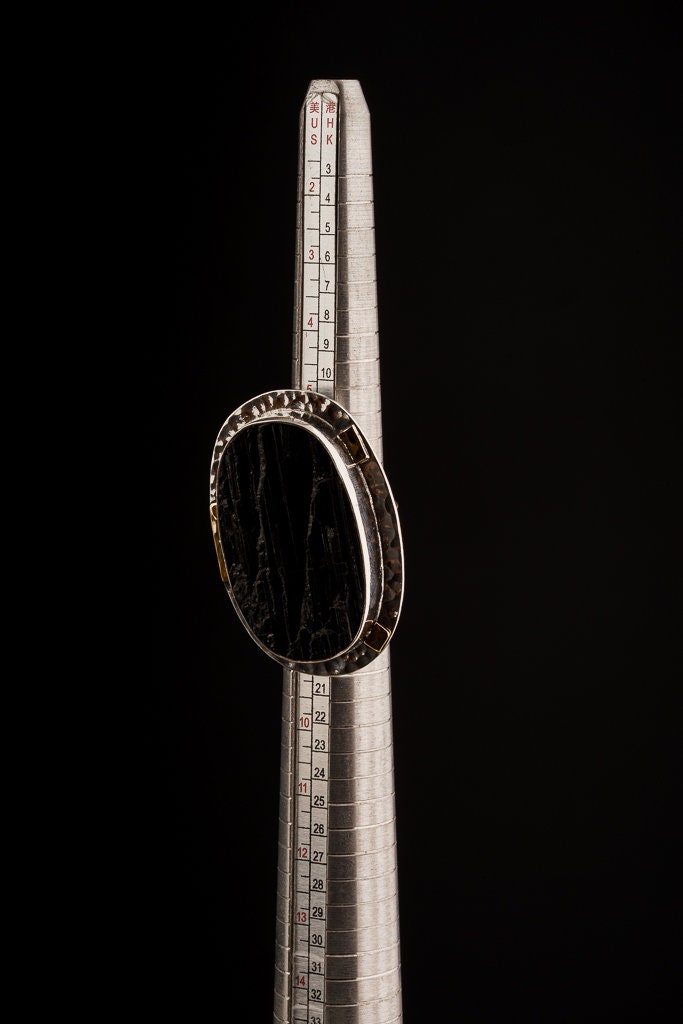 Big oval Raw black Tourmaline Ring - Adjustable Crystal Ring - Textured Band and bezel - Abstract brass dressing - Size 4 - 10 US