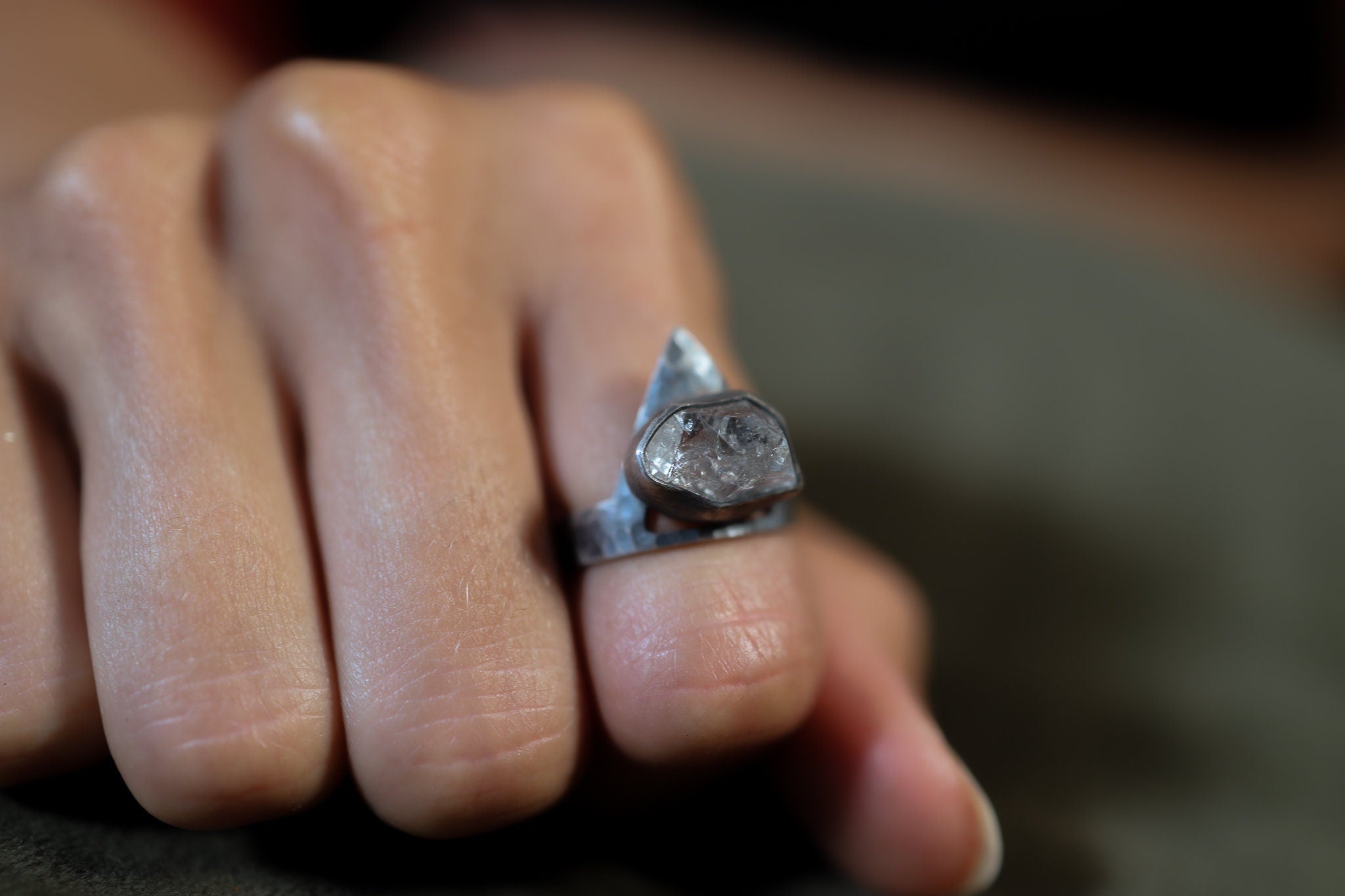 Herkimer Diamond Quartz - Hammered OR Brushed & Oxidised Finish - 925 Sterling Silver - Adjustable Open Ring - Made to Order