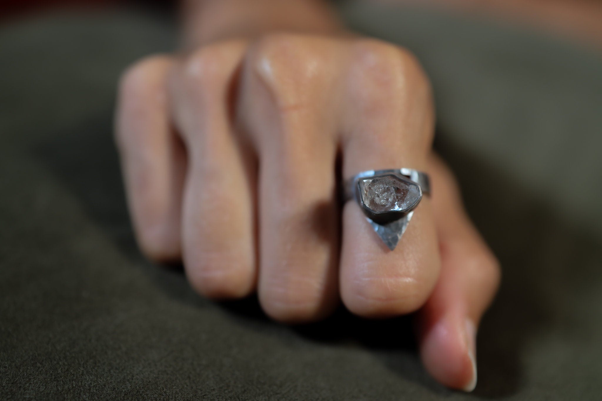 Herkimer Diamond Quartz - Hammered OR Brushed & Oxidised Finish - 925 Sterling Silver - Adjustable Open Ring - Made to Order