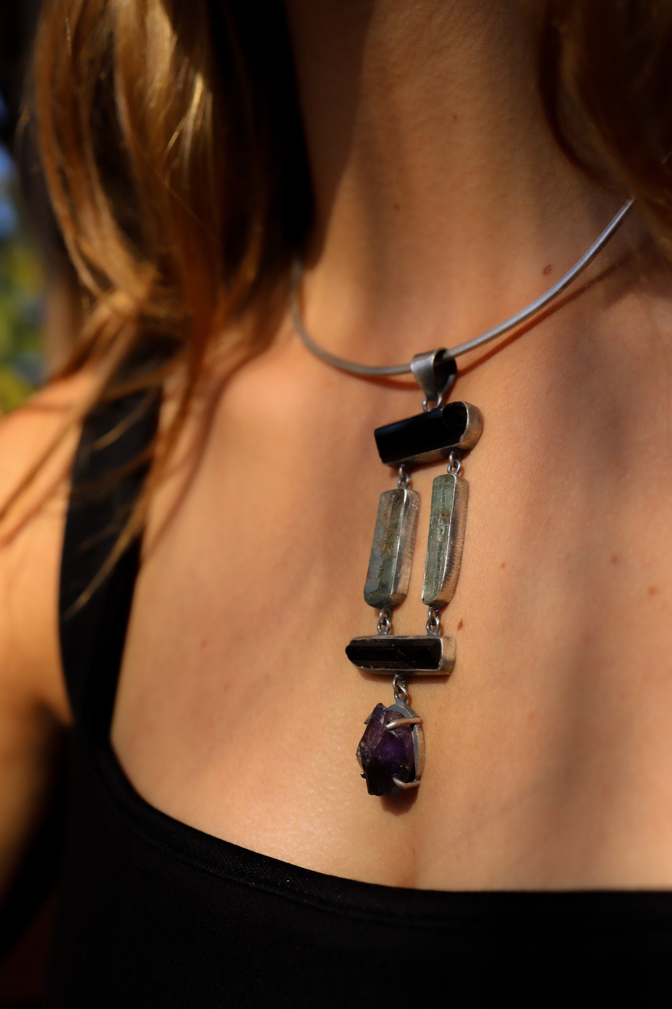 Raw Black Tourmaline Aquamarine Amethyst Sterling Silver Pendant