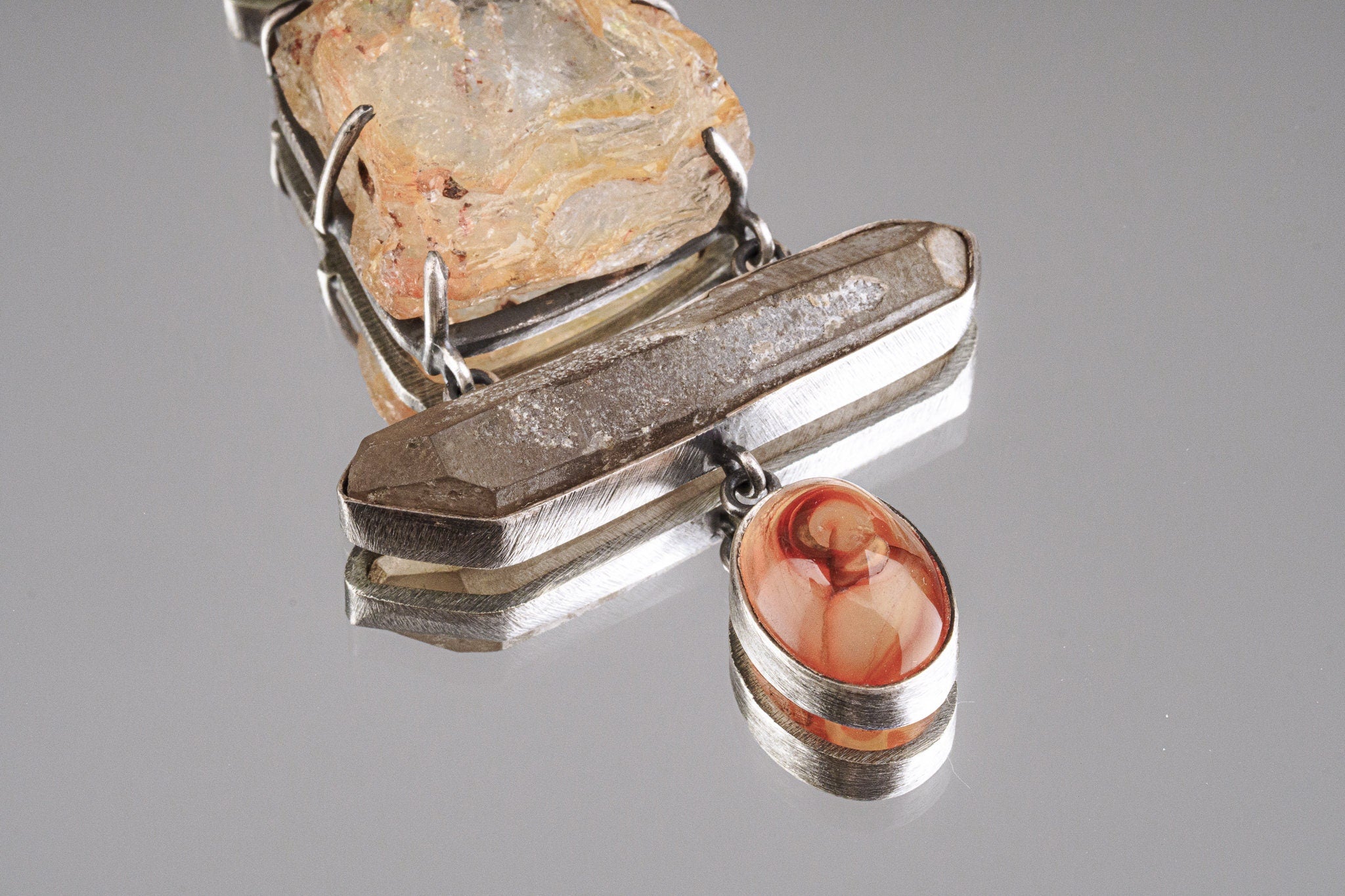 Australian raw gem Aquamarine with rainbows, local Smokey & Agate crowned with Labradorite eye - Sterling Silver - Rustic Finish - Pendant