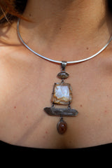 Australian raw gem Aquamarine with rainbows, local Smokey & Agate crowned with Labradorite eye - Sterling Silver - Rustic Finish - Pendant