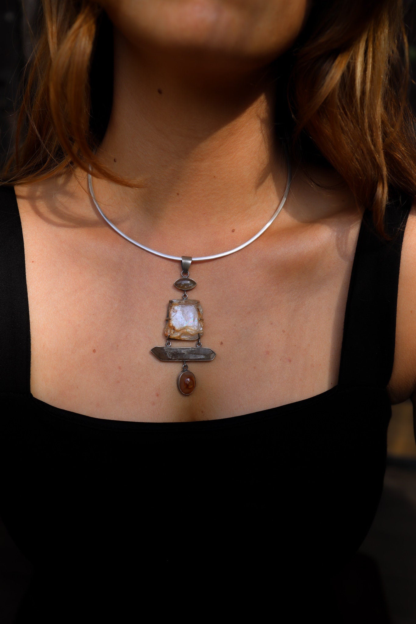 Australian raw gem Aquamarine with rainbows, local Smokey & Agate crowned with Labradorite eye - Sterling Silver - Rustic Finish - Pendant