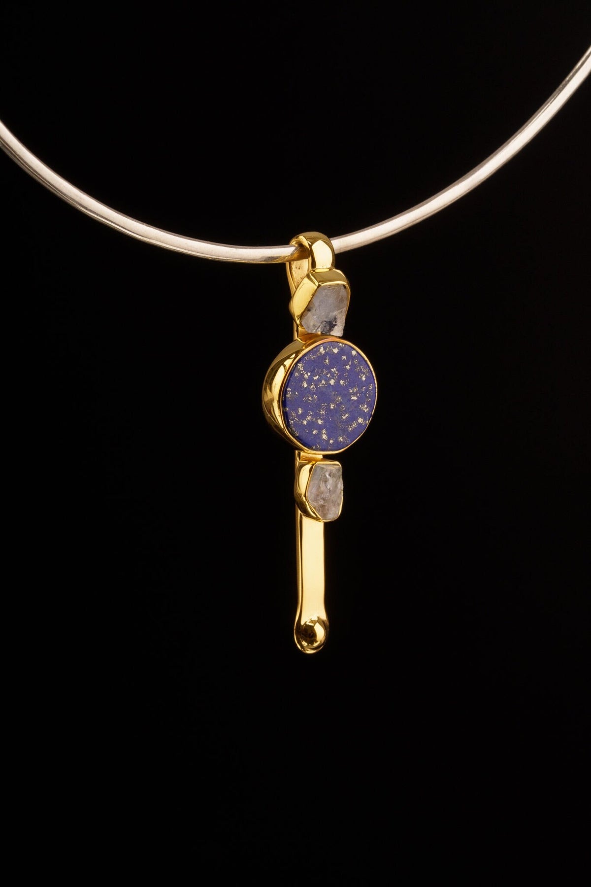 Gem Moonstone & Lapis Lazuli - Inverted Indian Ceremonial Spoon / Scoop Necklace - 16K Gold plated Cast Sterling Silver