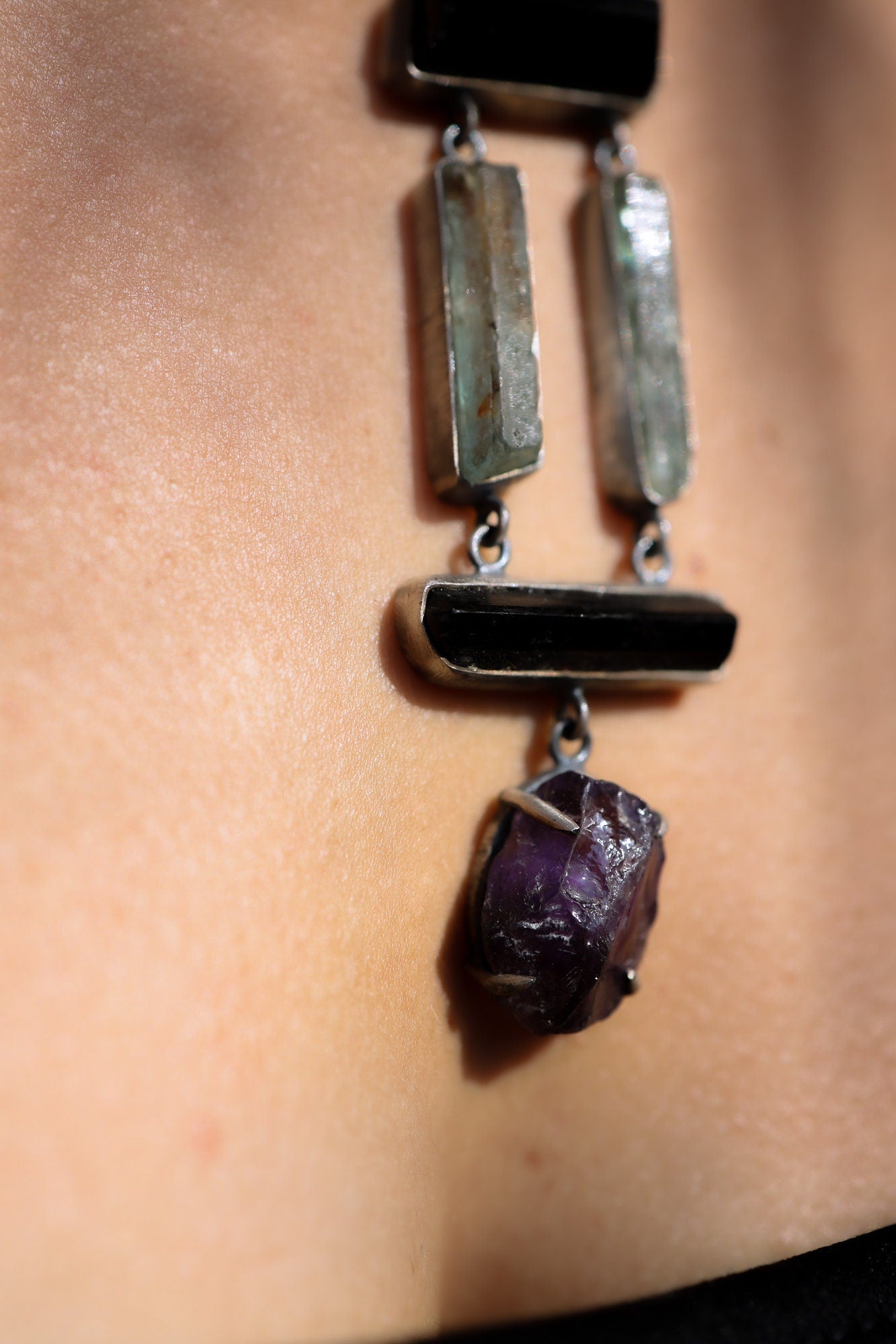 Aquamarine Amethyst Tourmaline Pendant 925 Silver Oxidized Textured Five Stone Talisman Virgo Libra Gift