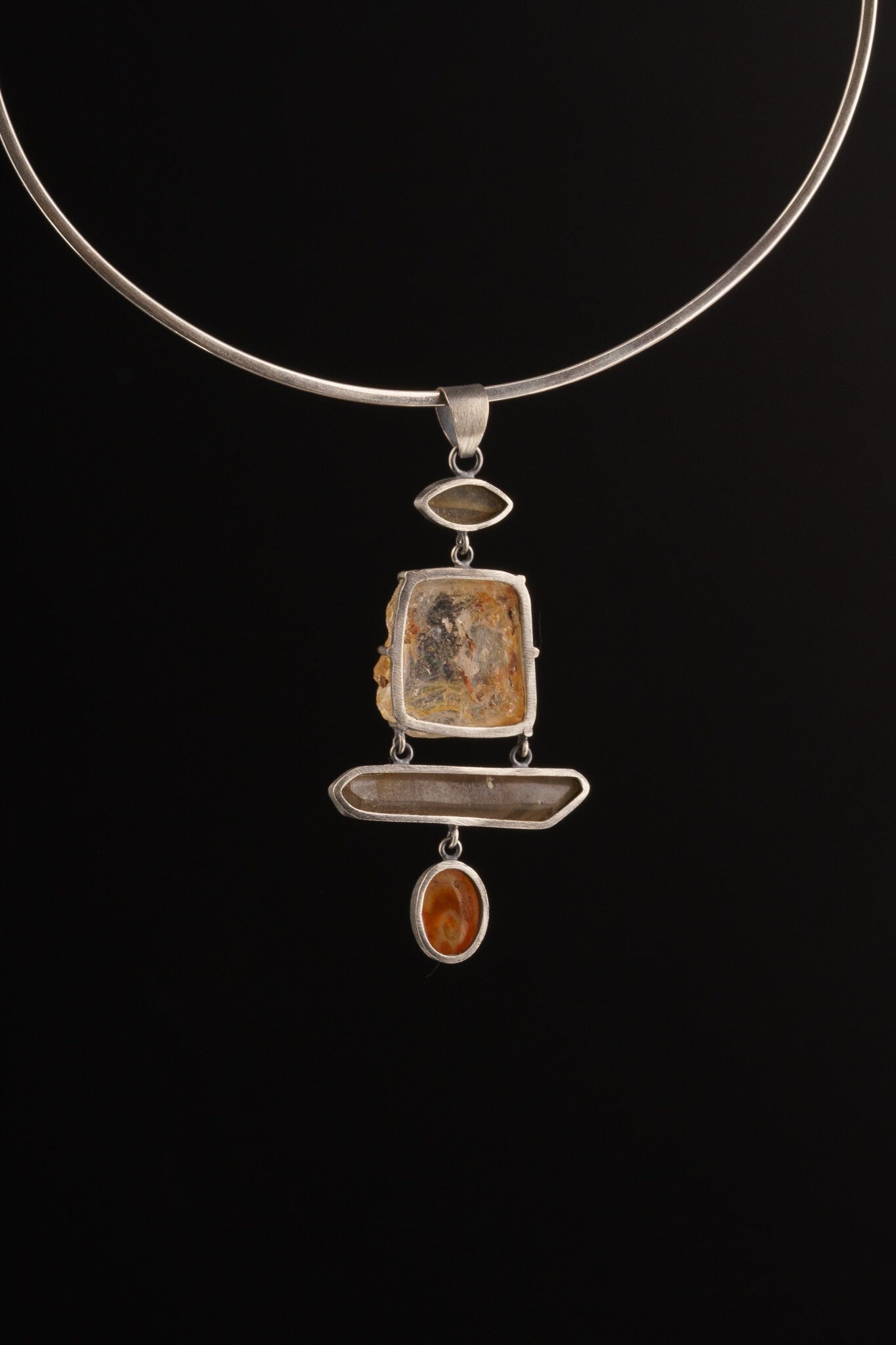 Australian raw gem Aquamarine with rainbows, local Smokey & Agate crowned with Labradorite eye - Sterling Silver - Rustic Finish - Pendant